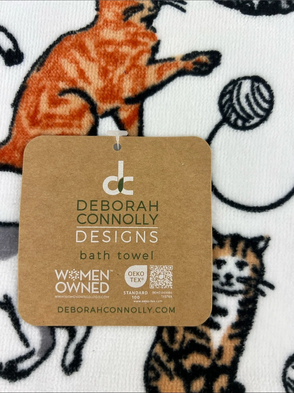 Deborah Connolly Bath Towels Playful Cat Design Soft Cotton Velour 3 Pc Set NEW